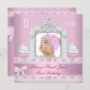 First Birthday 1st Girl Pink Princess Tiara Invitation