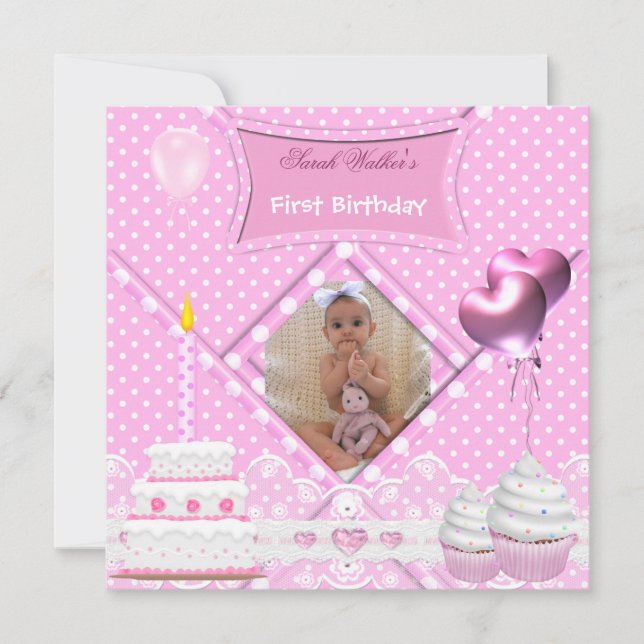 First Birthday 1st Girl Spot Pink Cupcake Cake Invitation (Front)