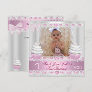 First Birthday 1st Girl White Pink Cupcake Baby 2 Invitation