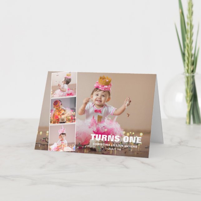 First Birthday 4 Photo Collage Birthday Holiday Ca Card (Front)