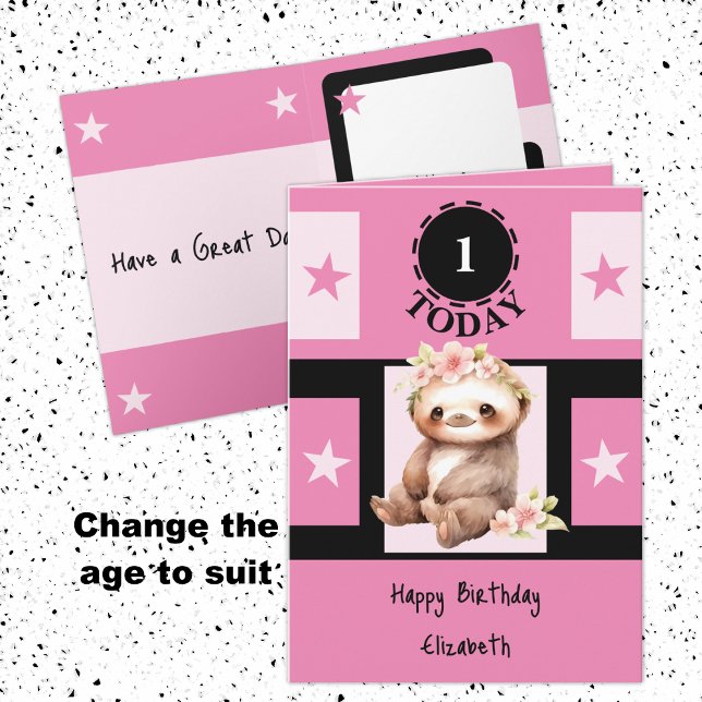 First Birthday add name cute sloth 1 today pink Card (Creator Uploaded)