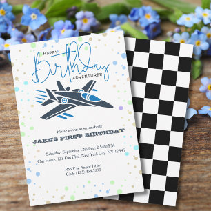 First Birthday Aeroplane Jet Fighter Boy Blue Blac Invitation
