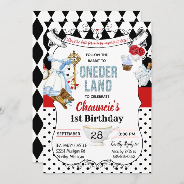 First Birthday Alice in Wonderland Invitation (Front/Back)