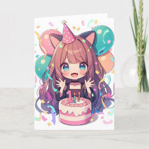 First Birthday Anime Girl Cat Holiday Card