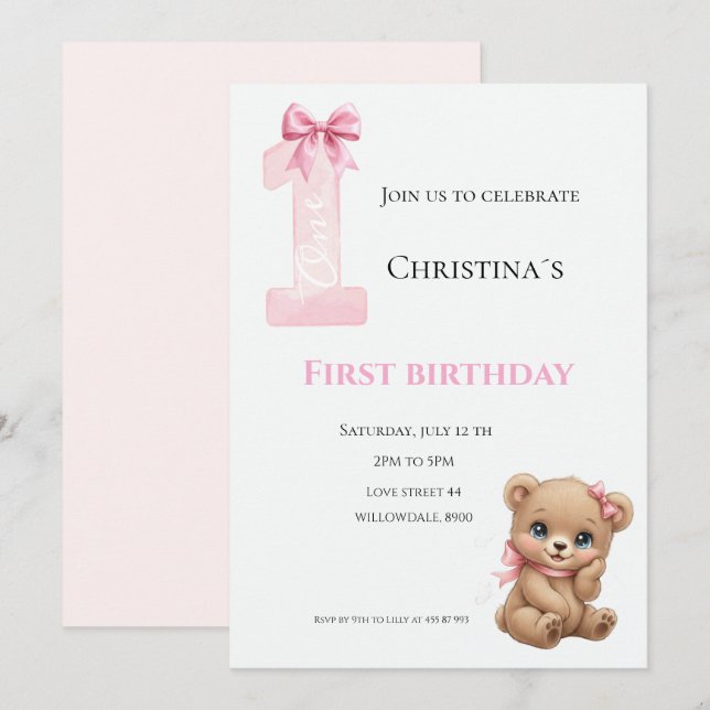 First Birthday baby girl Invitation (Front/Back)