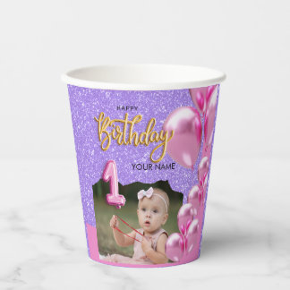 First Birthday Baby Girl Photo Design Paper Cups