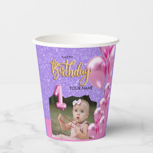 First Birthday Baby Girl Photo Design Paper Cups (Front)