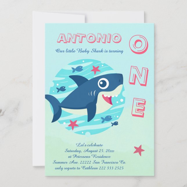 First birthday baby shark under the sea blue invitation (Front)