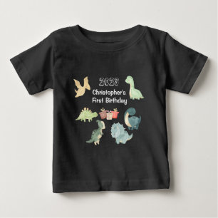 First Birthday Baby Watercolor Cute Dinosaur Black T-Shirt