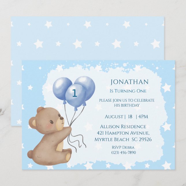 First Birthday Balloon Bear Invitations (Front/Back)