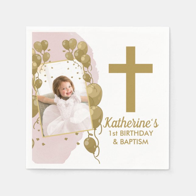 First Birthday Baptism Pink Gold Balloons Photo Napkin (Front)