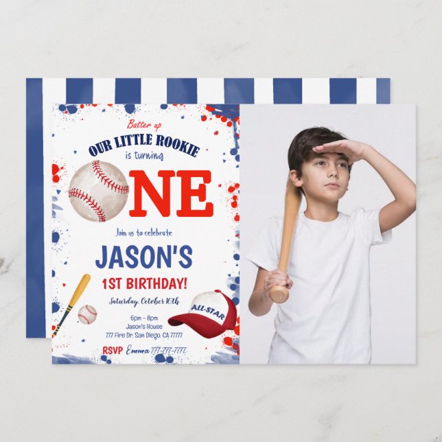 First Birthday Baseball Photo Invitation  (Front/Back)