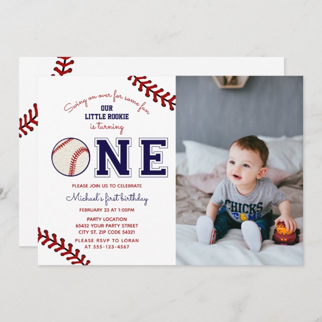 First Birthday Baseball Photo Invitation (Front/Back)