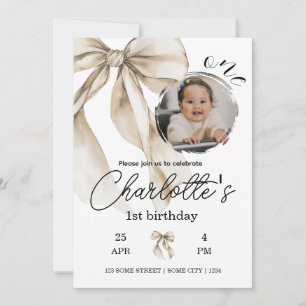 First Birthday Beige Bow Neutral Invitation Photo