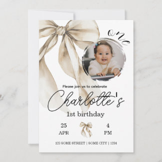 First Birthday Beige Bow Neutral Invitation Photo