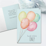 First Birthday Blue Balloons Boy Greeting Card<br><div class="desc">Birthday greeting card features watercolor balloons on a pink background and a humourous unexpected message on the inside - you can change it. Also available in PINK in our store.</div>