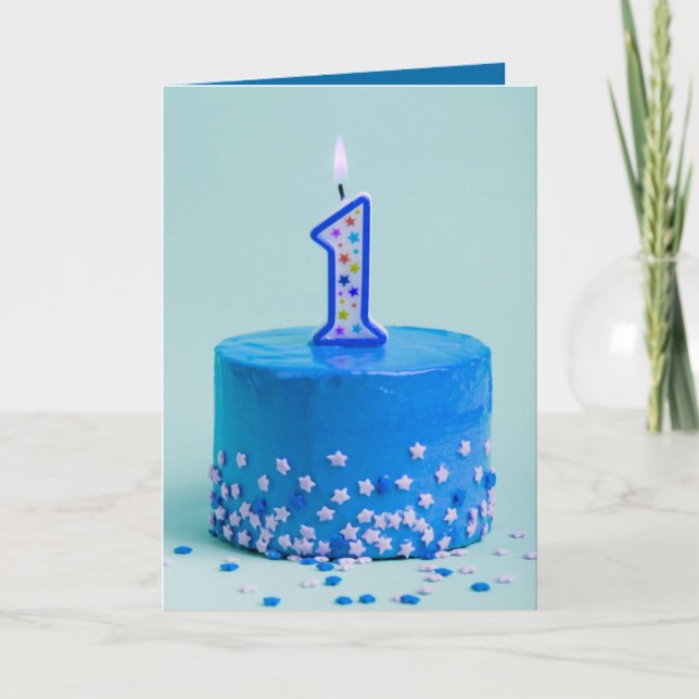 First Birthday Blue Cake and Candle Card (Front)