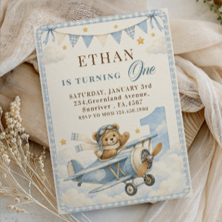 First Birthday Blue Gingham Teddy Bear Aeroplane Invitation