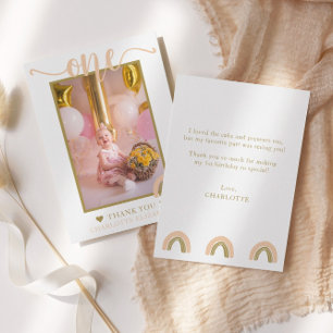First Birthday Boho Rainbow Pink Gold Photo Thank You Card