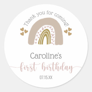 First Birthday Boho Rainbow Pink Gold Thank You Classic Round Sticker