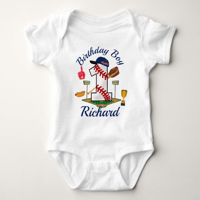 First Birthday Boy Baseball  Baby Bodysuit (Front)