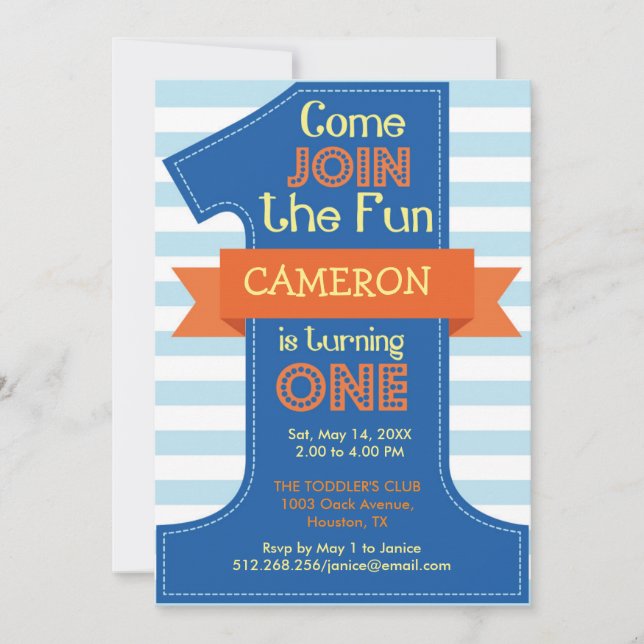 First Birthday Boy Blue Birthday Party Invitation (Front)