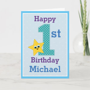 First Birthday Boy, Blue with Yellow Star Card