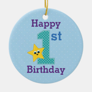 First Birthday Boy, Blue with Yellow Star Ceramic Tree Decoration