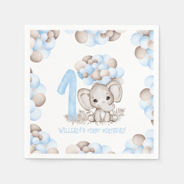 First Birthday Boy Cute Elephant Napkin (Front)
