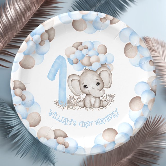 First Birthday Boy Cute Elephant Paper Plates (First Birthday Boy Cute Elephant Paper Plates)