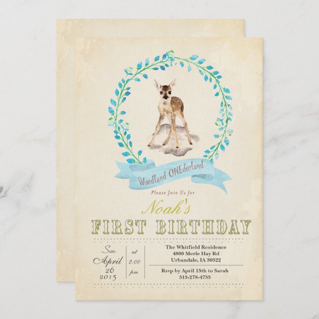 First Birthday Boy Deer Invitation (Front/Back)