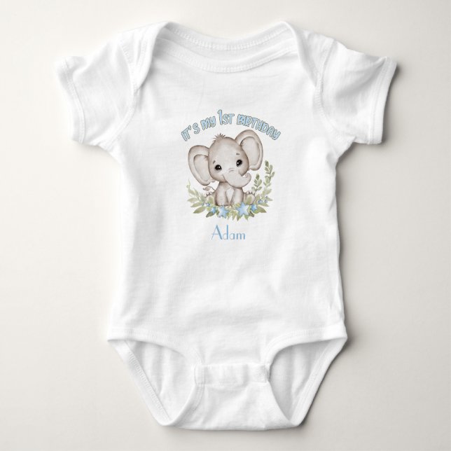 First Birthday Boy Elephant Personalised Baby Bodysuit (Front)