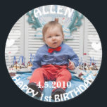 First Birthday Boy Photo Sticker<br><div class="desc">Cute sticker you can personalise by uploading your own son's  photo along with adding his name and birth date in the customise area.</div>