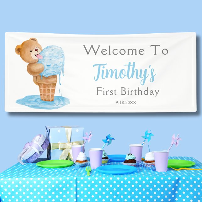 First Birthday Boy Teddy Bear Ice Cream Banner (Creator Uploaded)