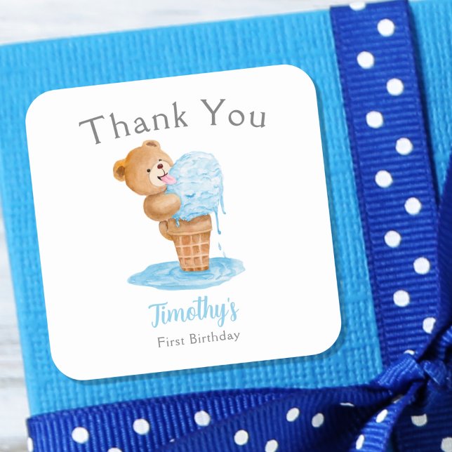 First Birthday Boy Teddy Bear Ice Cream Square Sticker (Creator Uploaded)