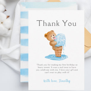 First Birthday Boy Teddy Bear Ice Cream Thank You Card