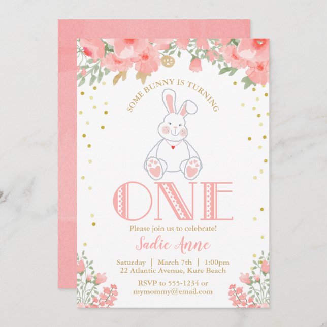First Birthday Bunny Birthday Blush Pink Gold Invitation (Front/Back)