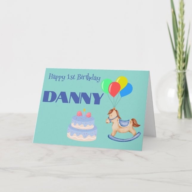 FIRST BIRTHDAY CAKE AND ROCKING HORSE CUSTOM  CARD (Front)