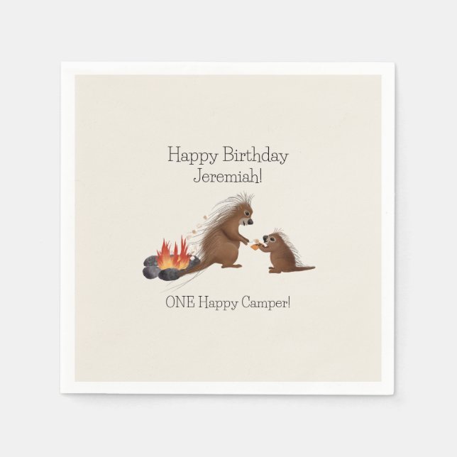 First Birthday Camping Porcupines making s'mores Napkin (Front)
