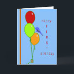 First Birthday Card for Great Grandson Balloons<br><div class="desc">First birthday card for Great Grandson.  The card has a light blue background,  three coloured balloons and a little Blue Bird standing on one of the balloons.</div>