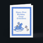 First Birthday Card Great Grandson<br><div class="desc">First birthday card for your Great Grandson This card has two cute drawn cats and an old retro hobby horse. The colours are blue and white.  Thanks to Bsilvia and Fidget Resources for some of the elements in the design.</div>