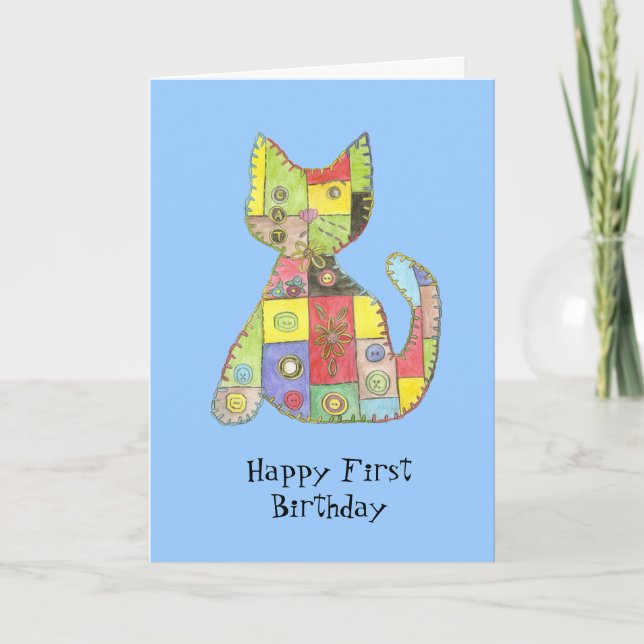 First Birthday Card with patchwork cat (Front)