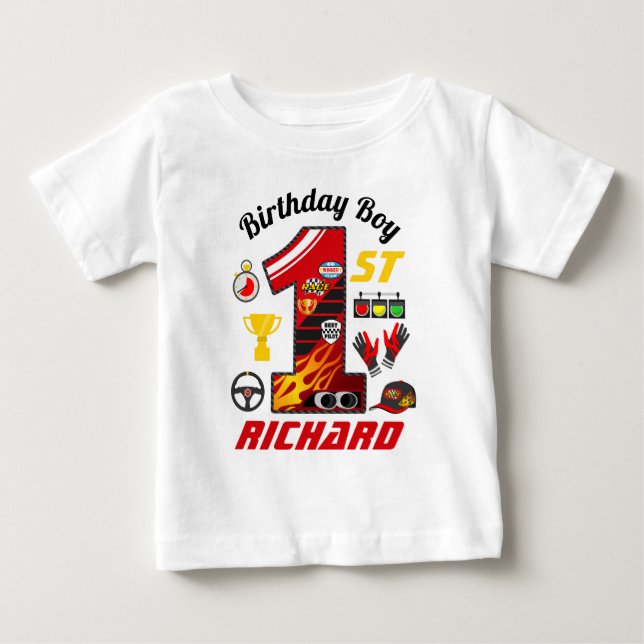 First Birthday cars | Racing Birthday Boy Baby T-Shirt (Front)