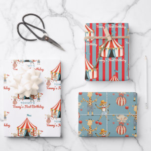 First Birthday Circus Animals Red Blue Wrapping Paper Sheet