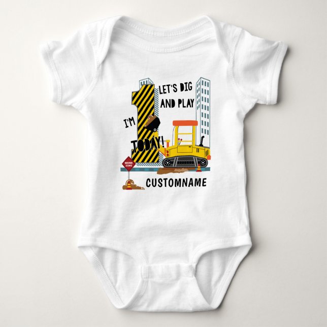First Birthday Construction Let's Dig and Play Baby Bodysuit (Front)