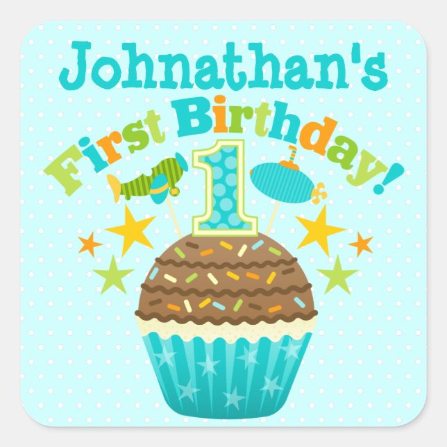 First Birthday Cupcake (Boys) Square Sticker (Front)
