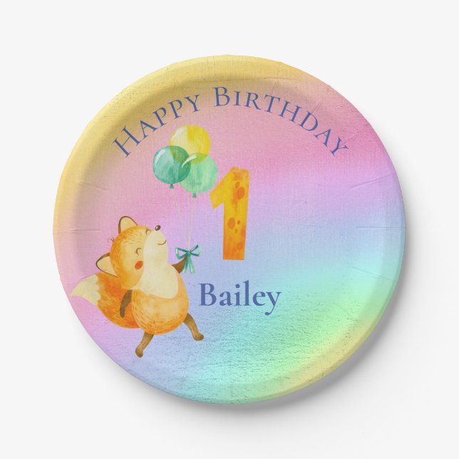 First Birthday Custom Name Rainbow Balloons  Paper Plate (Front)