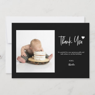 First Birthday Custom Photo Modern Black white Thank You Card