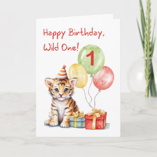 First Birthday Cute Bengal Tiger with Party Hat Card