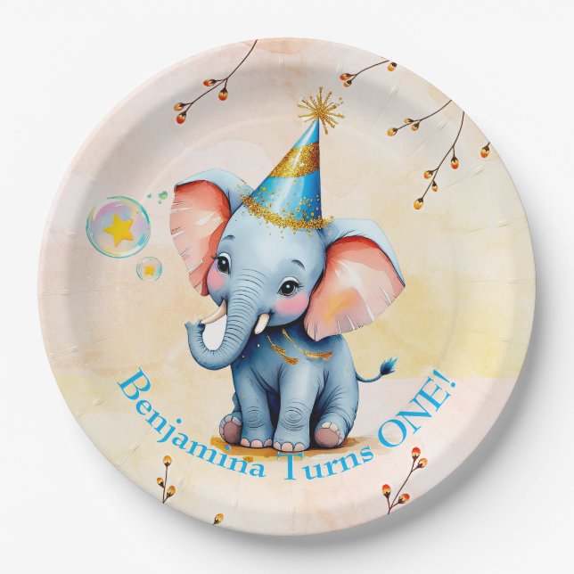 First Birthday Cute Blue Elephant Golden Floral Paper Plate (Front)